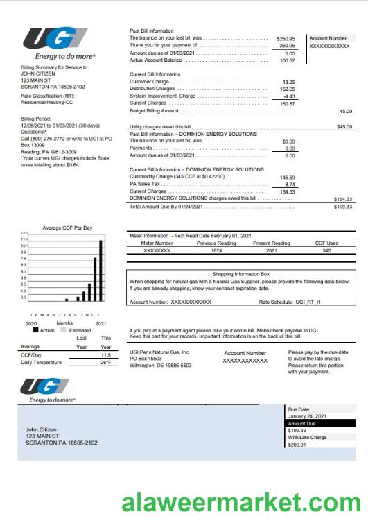 USA Pennsylvania UGI Utilities utility bill template in Word and PDF format